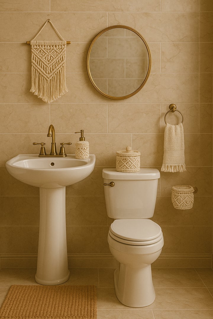 Beige bathroom with a sink, toilet, round mirror, and macramé decor on walls and accessories. Neutral, minimalist style.