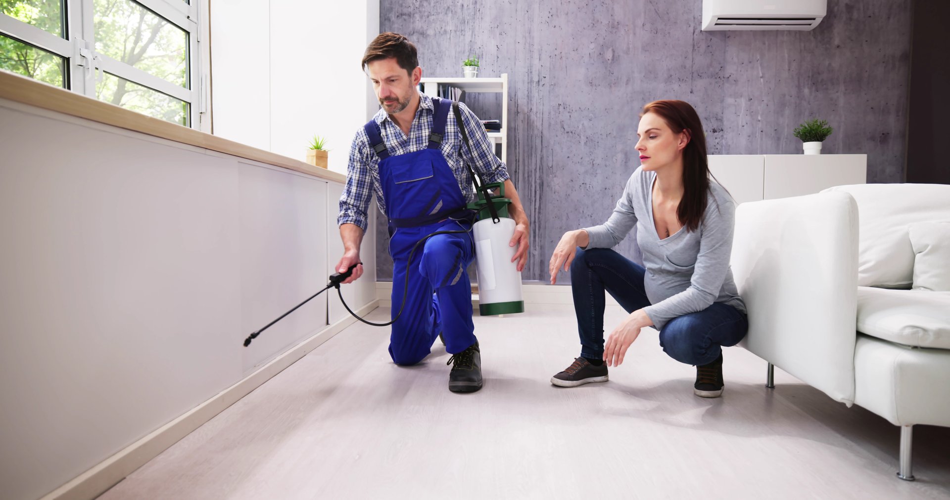 Woman Looking At Exterminator Worker Spraying Insecticide Chemical For Termite Pest Control In House Kitchen