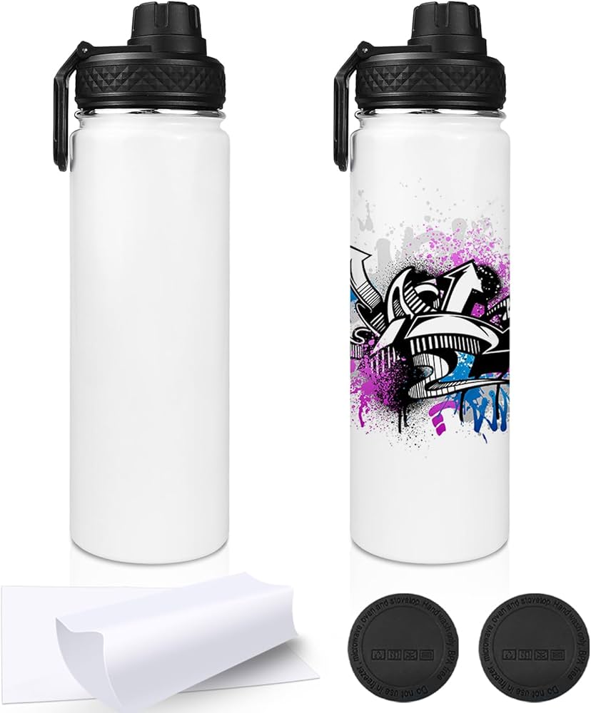 Two sublimation blank water bottles, one plain and one with a graffiti design, with extra lids and a sheet of paper.