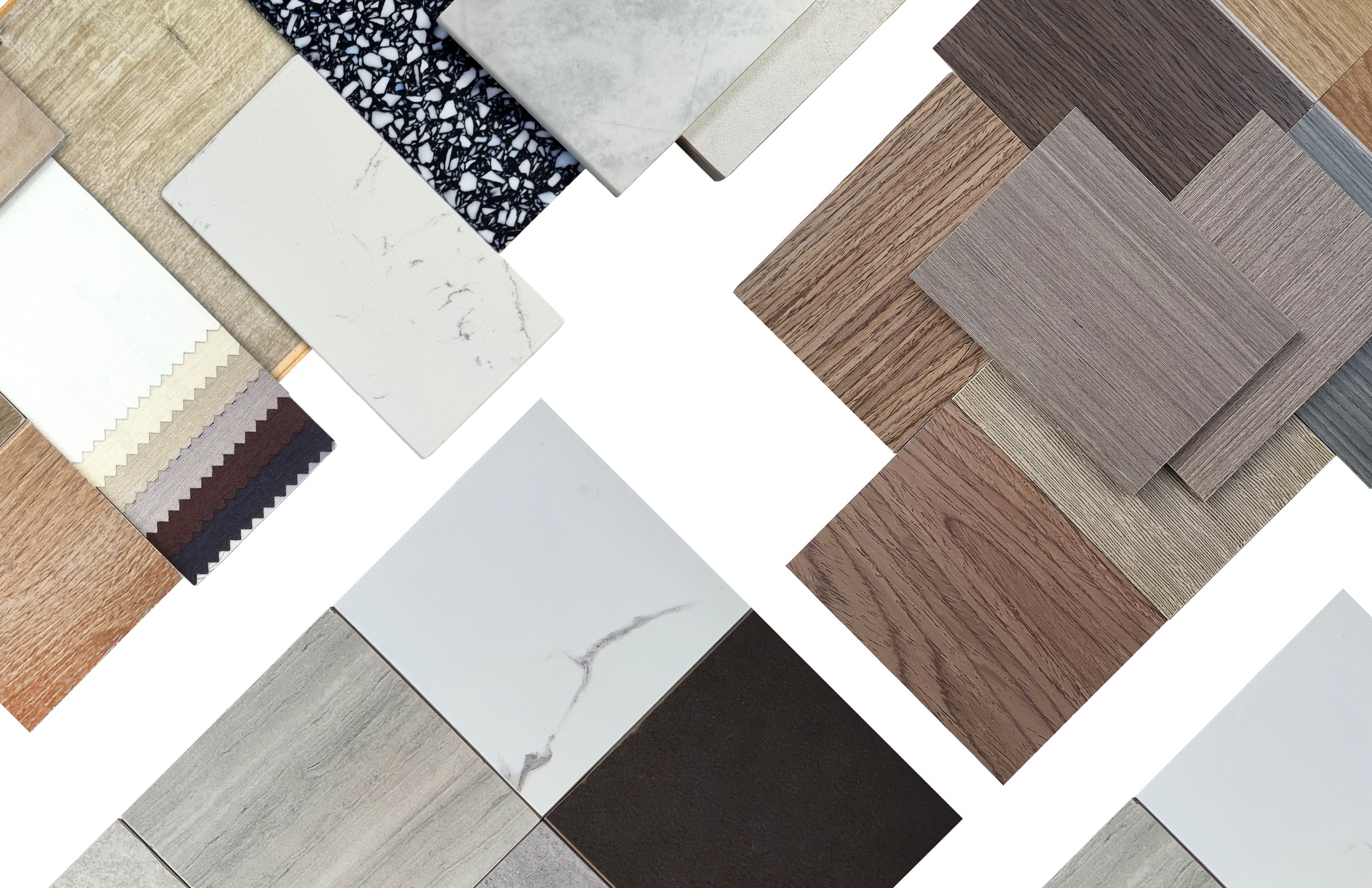 Diverse interior design material samples: wood veneer, laminate, marble, stone tile, terrazzo, fabric, artificial stone swatches. Wide selection for architects, designers, and home decor projects.