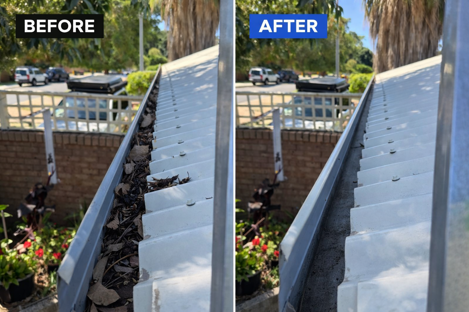 Gutter cleaning before and after