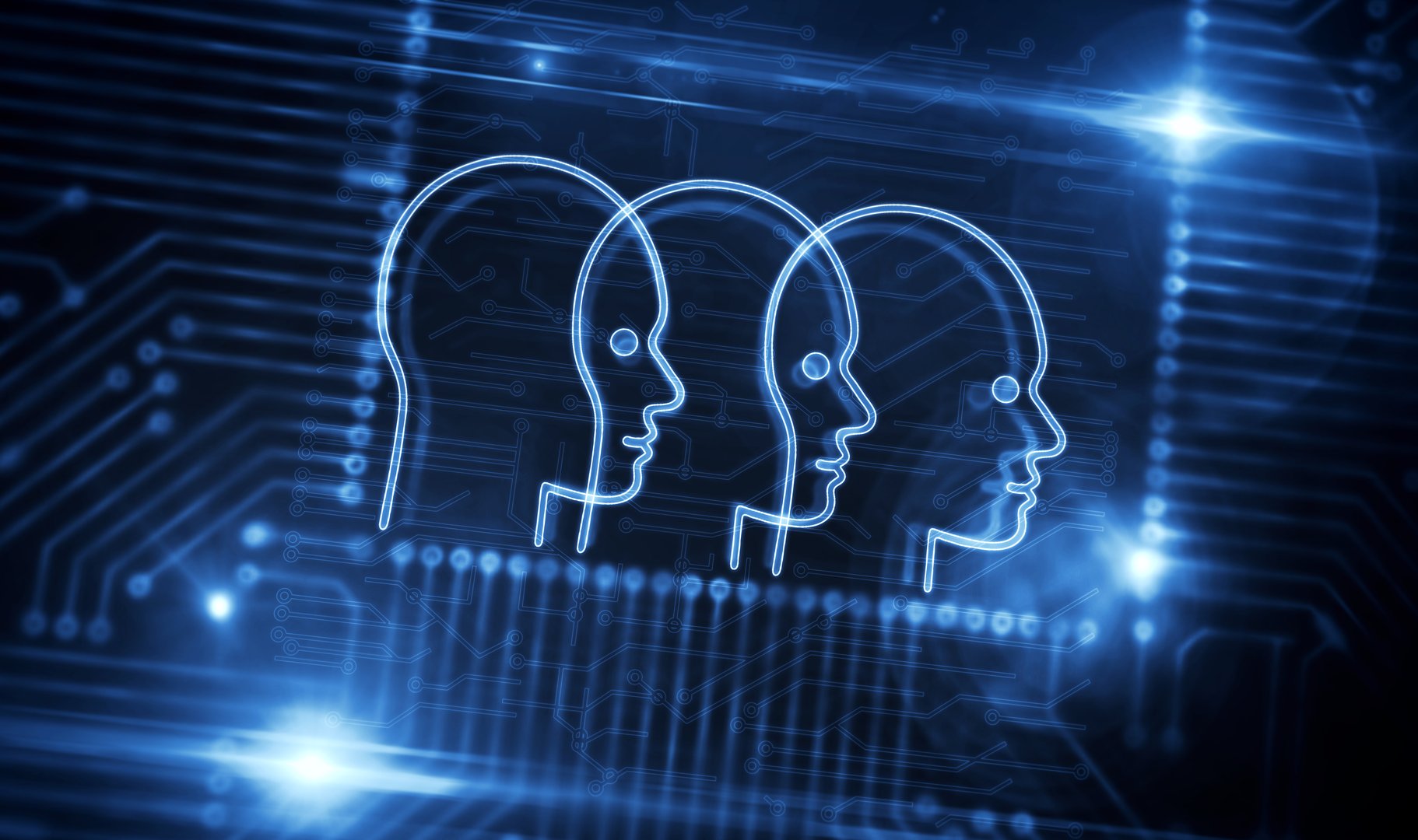 Artificial intelligence, cybernetic brain and global machine network technology concept. Futuristic 3D icon over computer board circuit. Abstract background illustration.