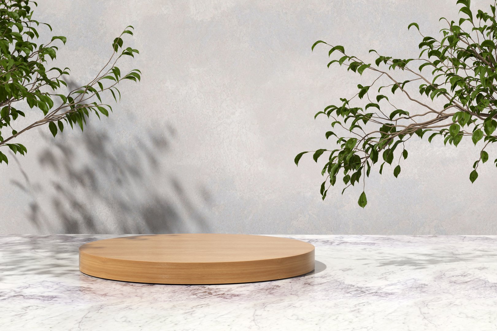 Minimalist product display cylindrical wooden podium on marble floor with green branches and shadows on grunge concrete wall for cosmetic product presentation