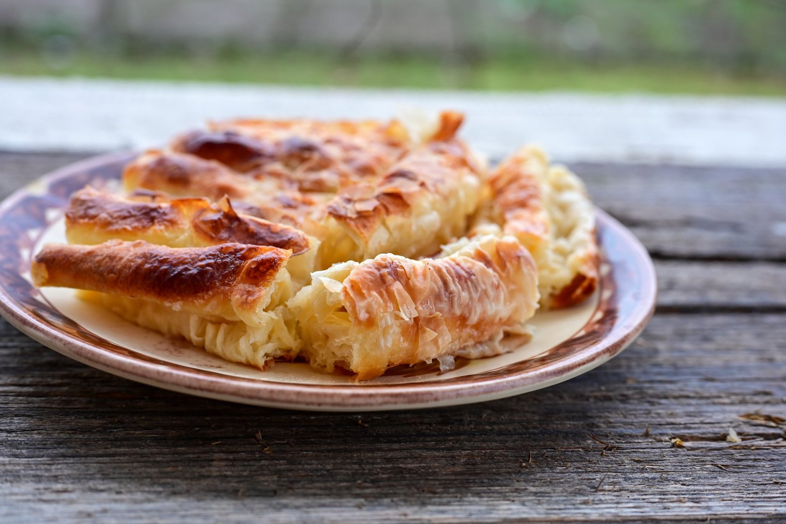 Bakery .Home made  cheese pie  with phyllo. Pastry and Organic Eggs. Bulgarian banitsa