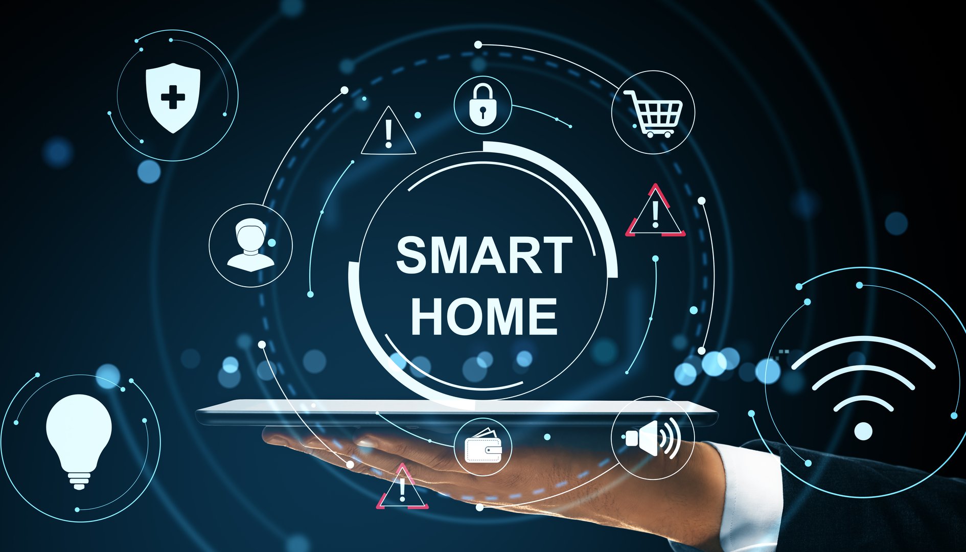 Smart home concept with IoT icons around a tablet in a person's hand, digital style on dark background, representing online device control