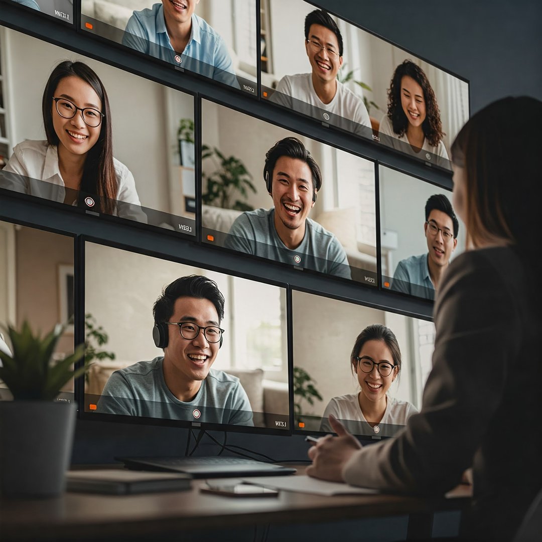 Person sitting at desk participating in a video conference with six smiling people on multiple monitors.