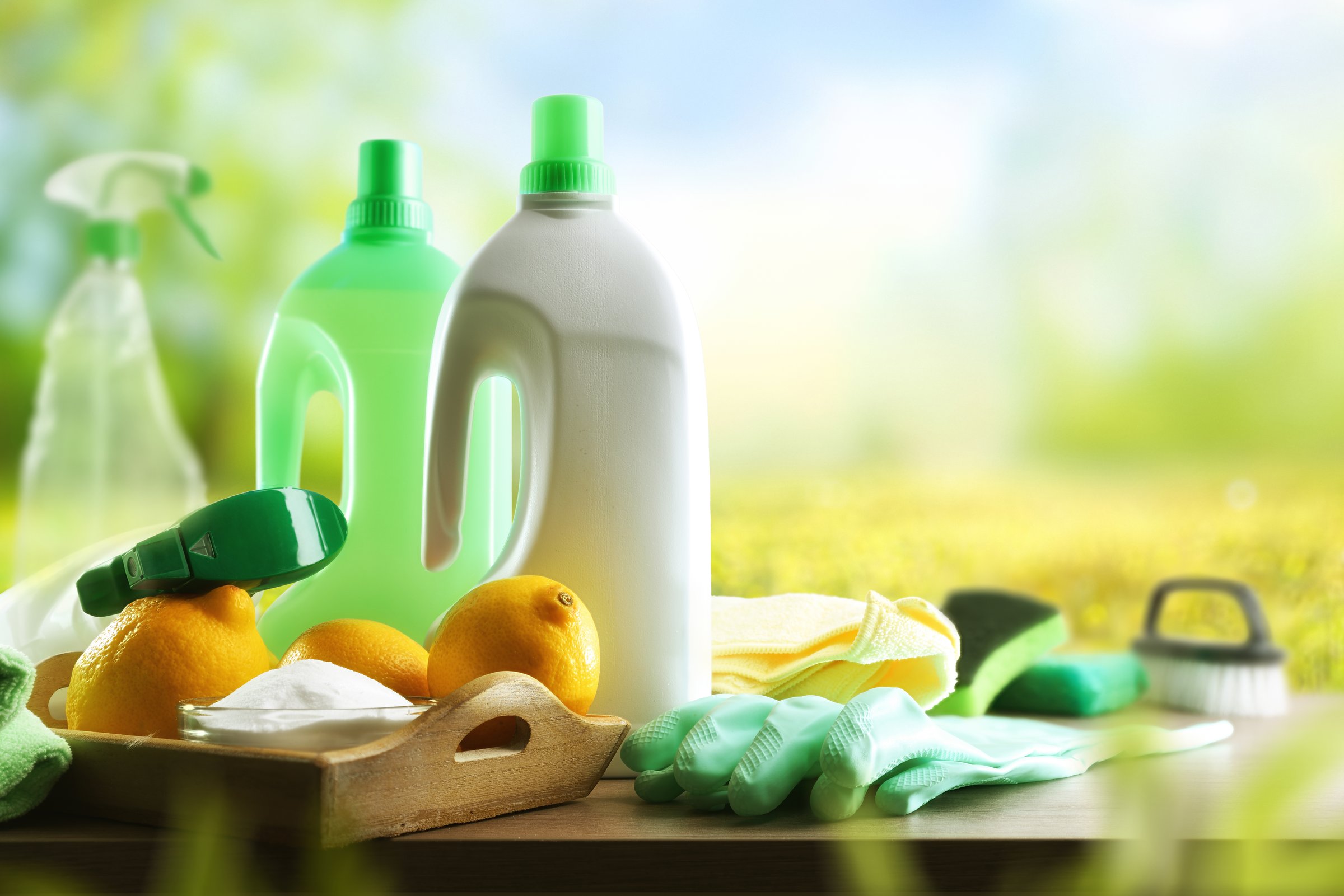 Cleaning products with natural and sustainable ingredients and tools such as disinfectant, scouring pads, cloth and gloves on a wooden table with nature background. Front view.