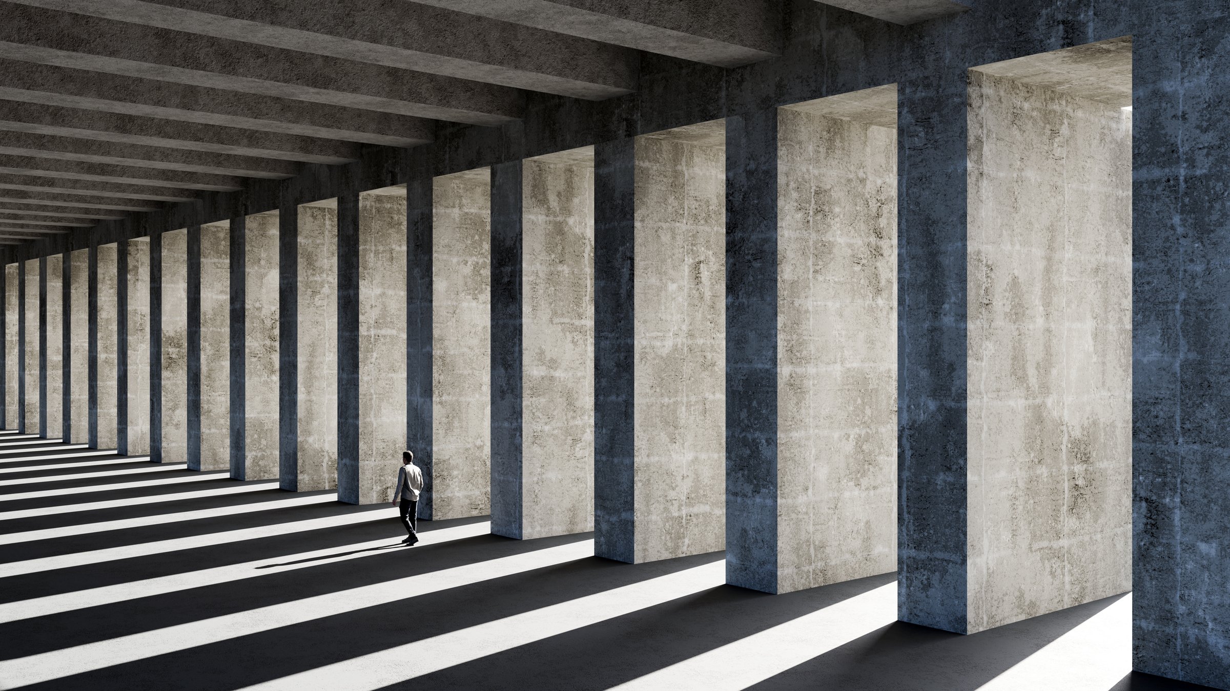 Man Walking in Shadows of Concrete Columns