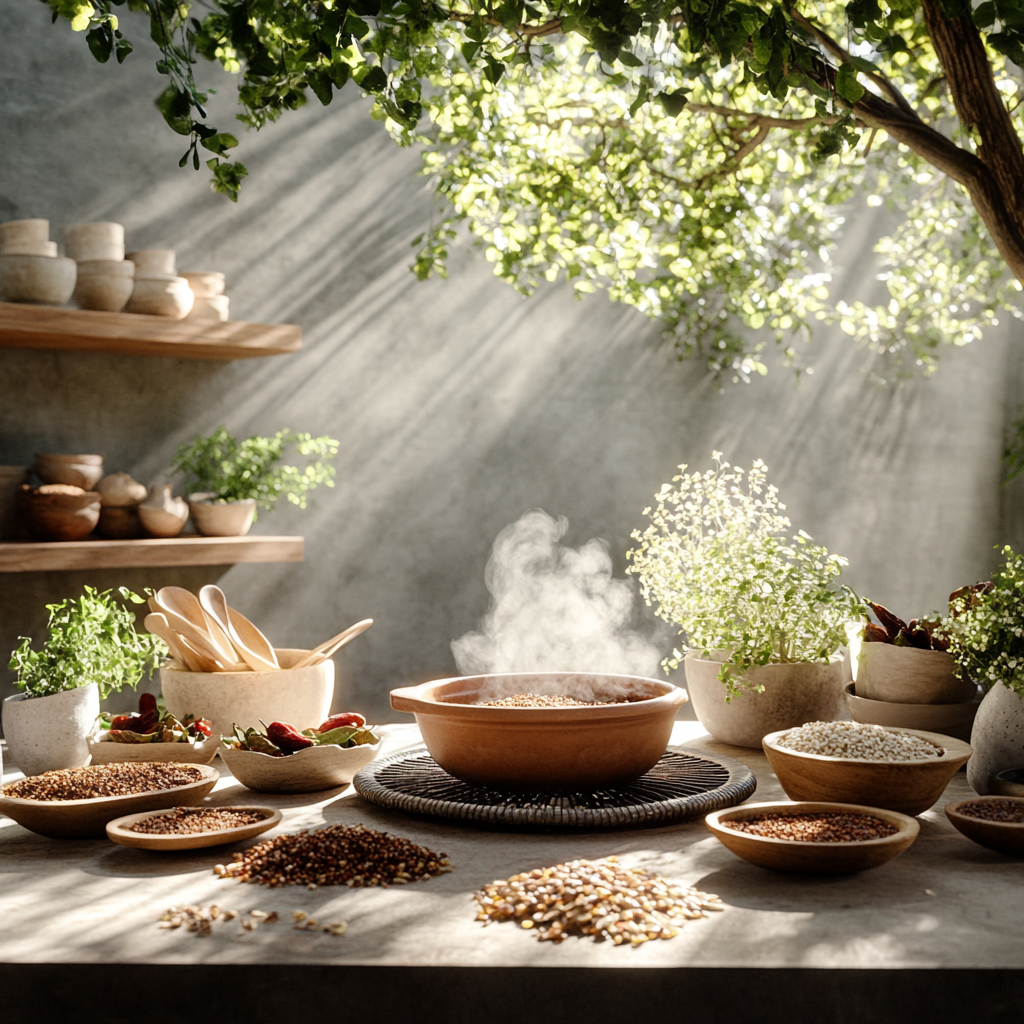 Sunlit table with steaming clay pot, surrounded by bowls of grains and herbs under leafy branches.