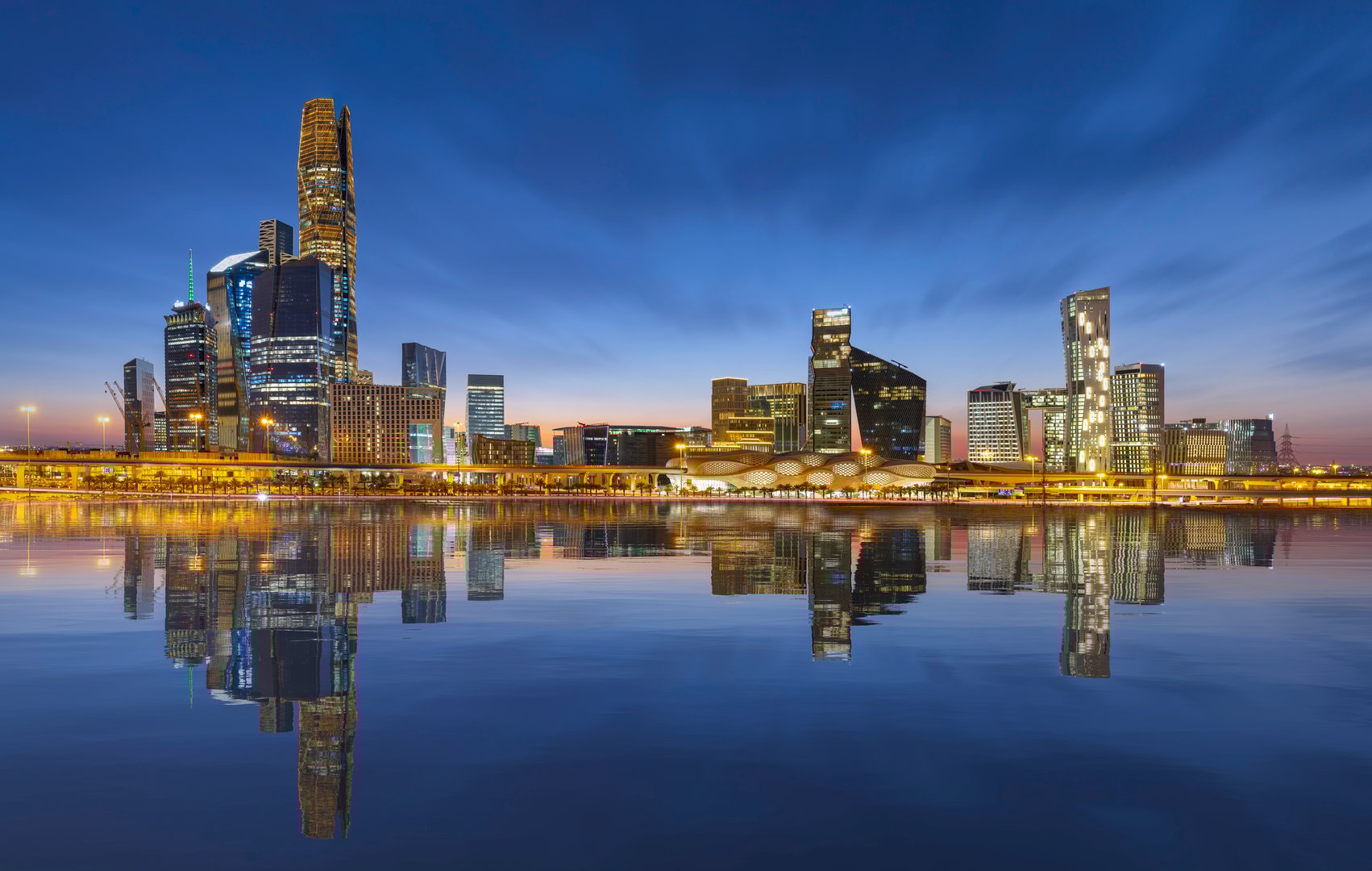 Riyadh, Saudi Arabia - March 01, 2024: Beautiful New Riyadh Skyline after sunset. Riyadh city towers in Saudi Arabia