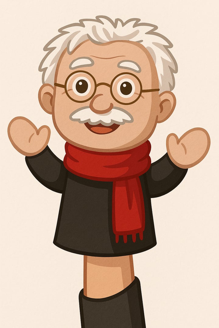 Cartoon puppet character with gray hair, glasses, and a red scarf, smiling with raised arms.