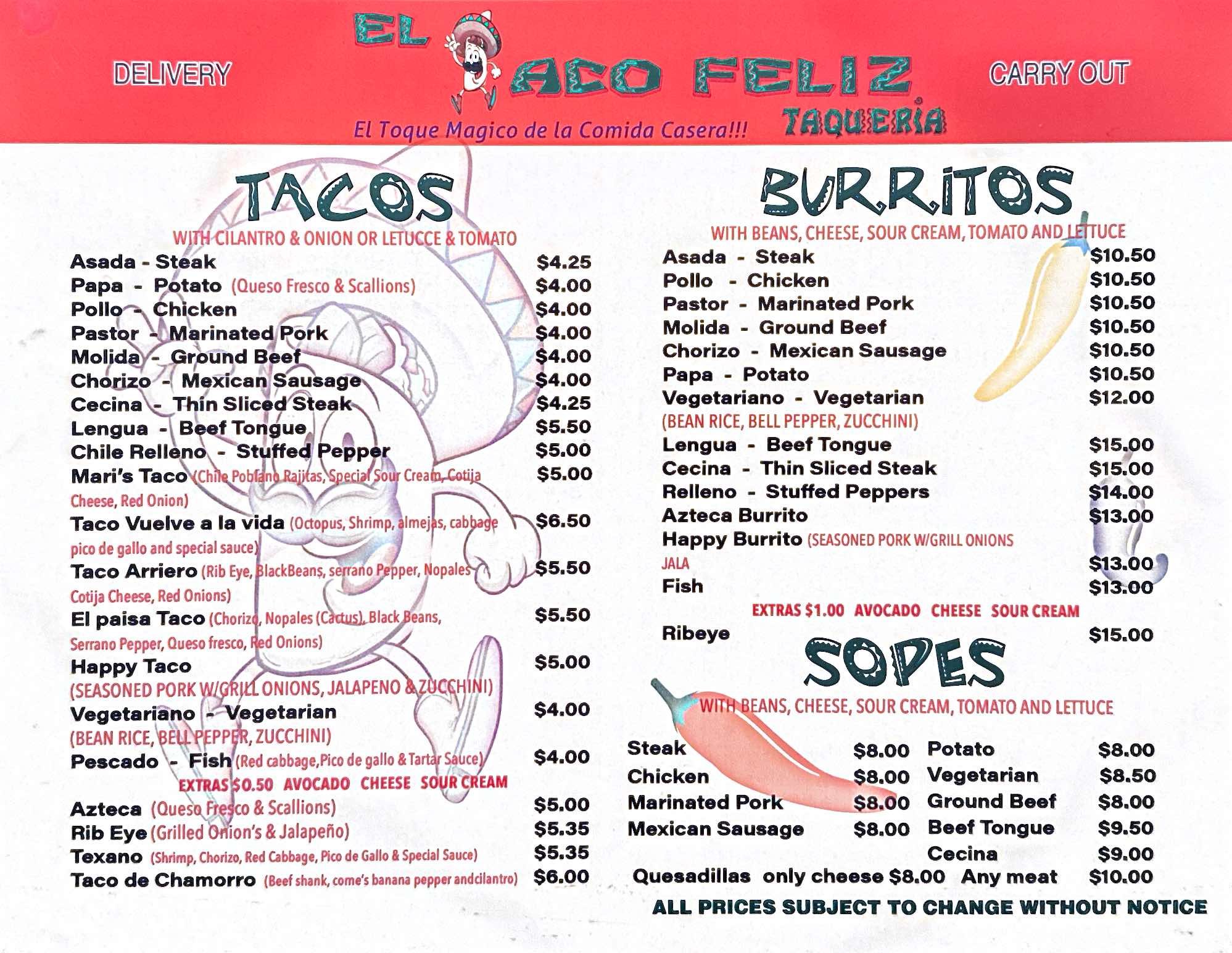 El Taco Feliz Menu Page 1