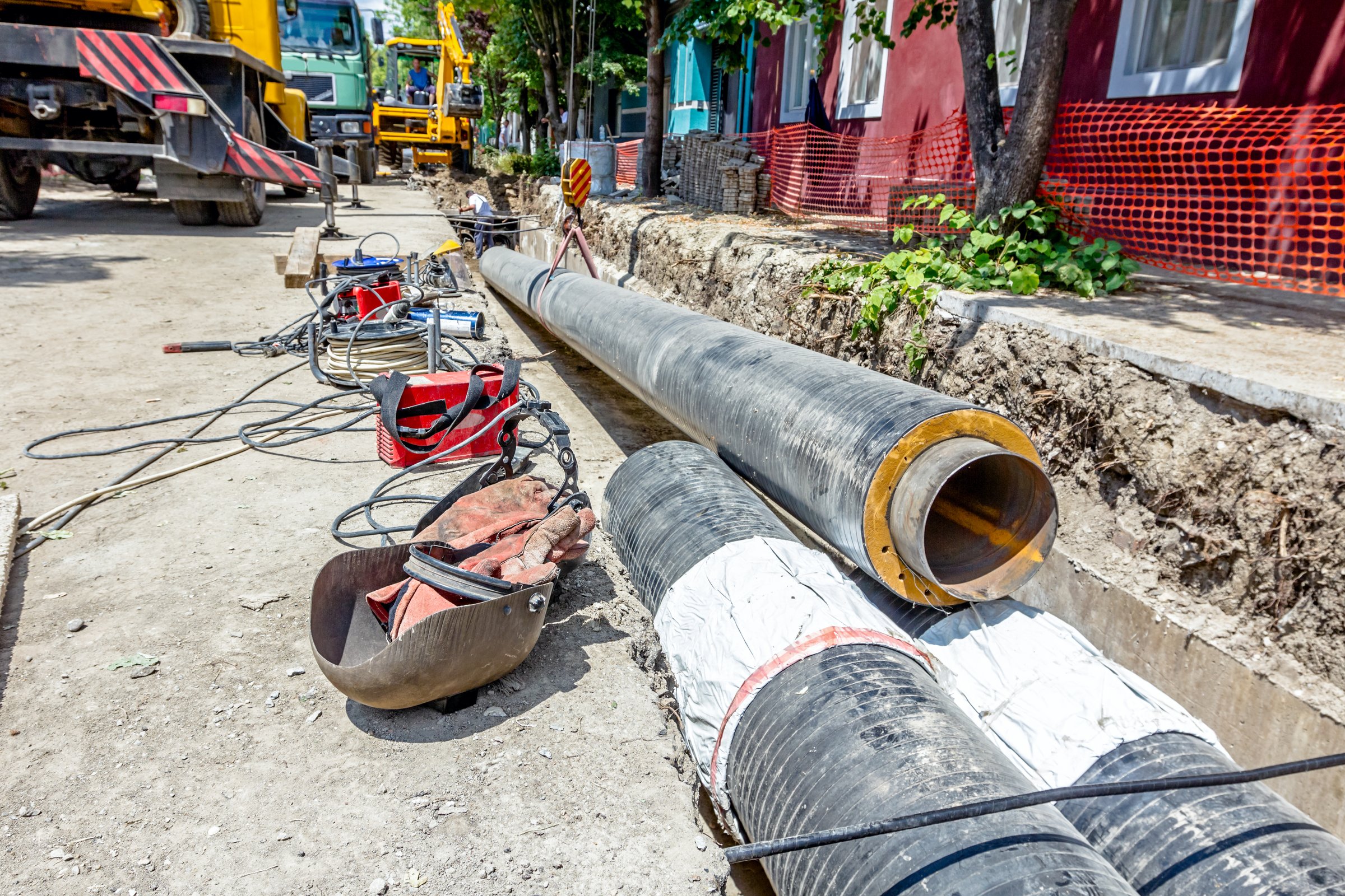 Necessary tools, equipment for welding pipeline lined next to the trench.