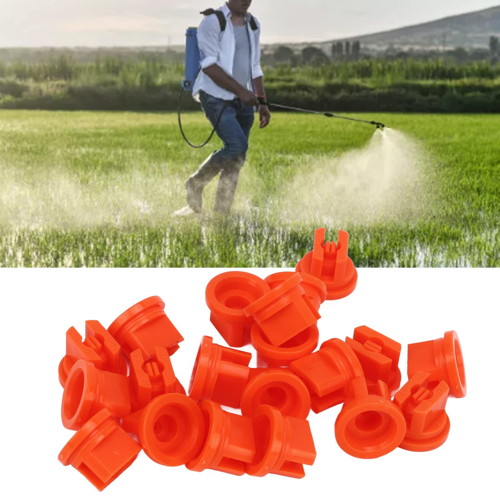 Person spraying a field with a backpack sprayer; orange spray nozzles shown at the bottom of the image.