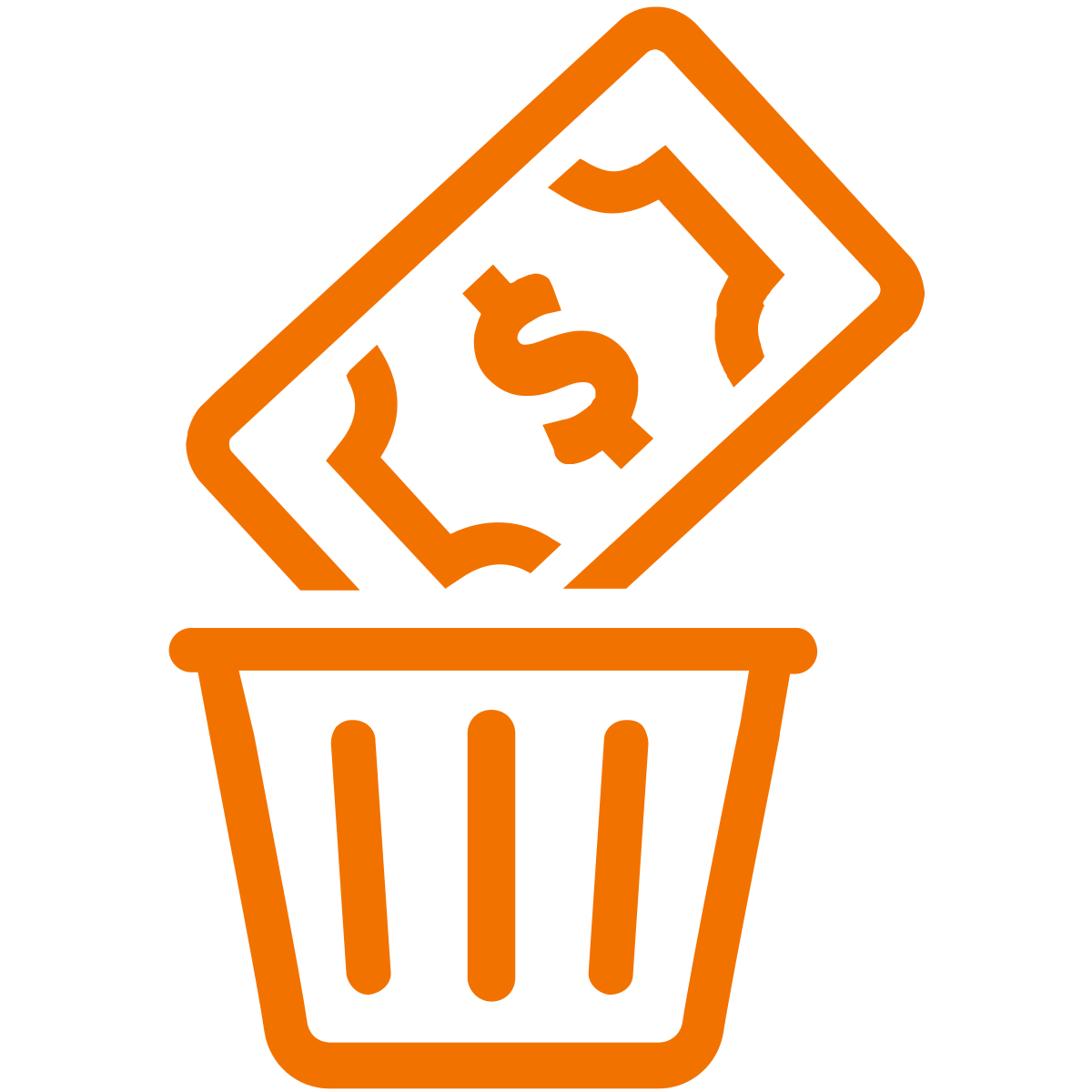 Orange icon of a dollar bill being placed in a trash can, symbolizing wasted money or financial loss.
