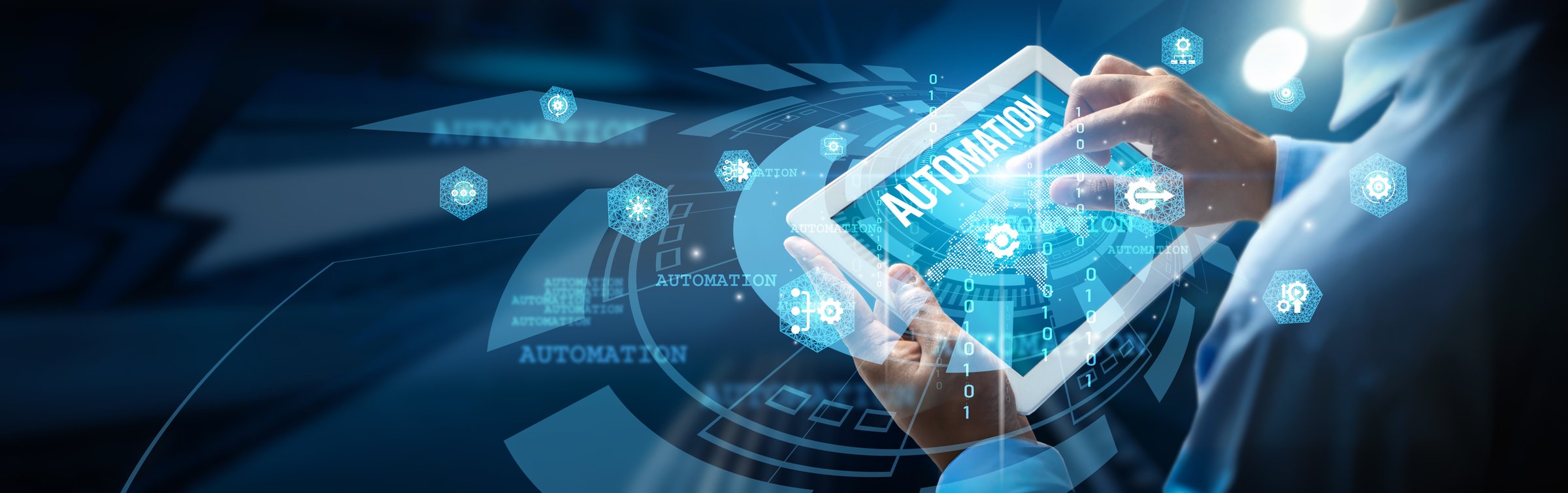 A person is using a mobile digital interface, highlighting automation efficiency, streamlining, productivity, innovation, accuracy, reducing human error, and improving overall productivity.