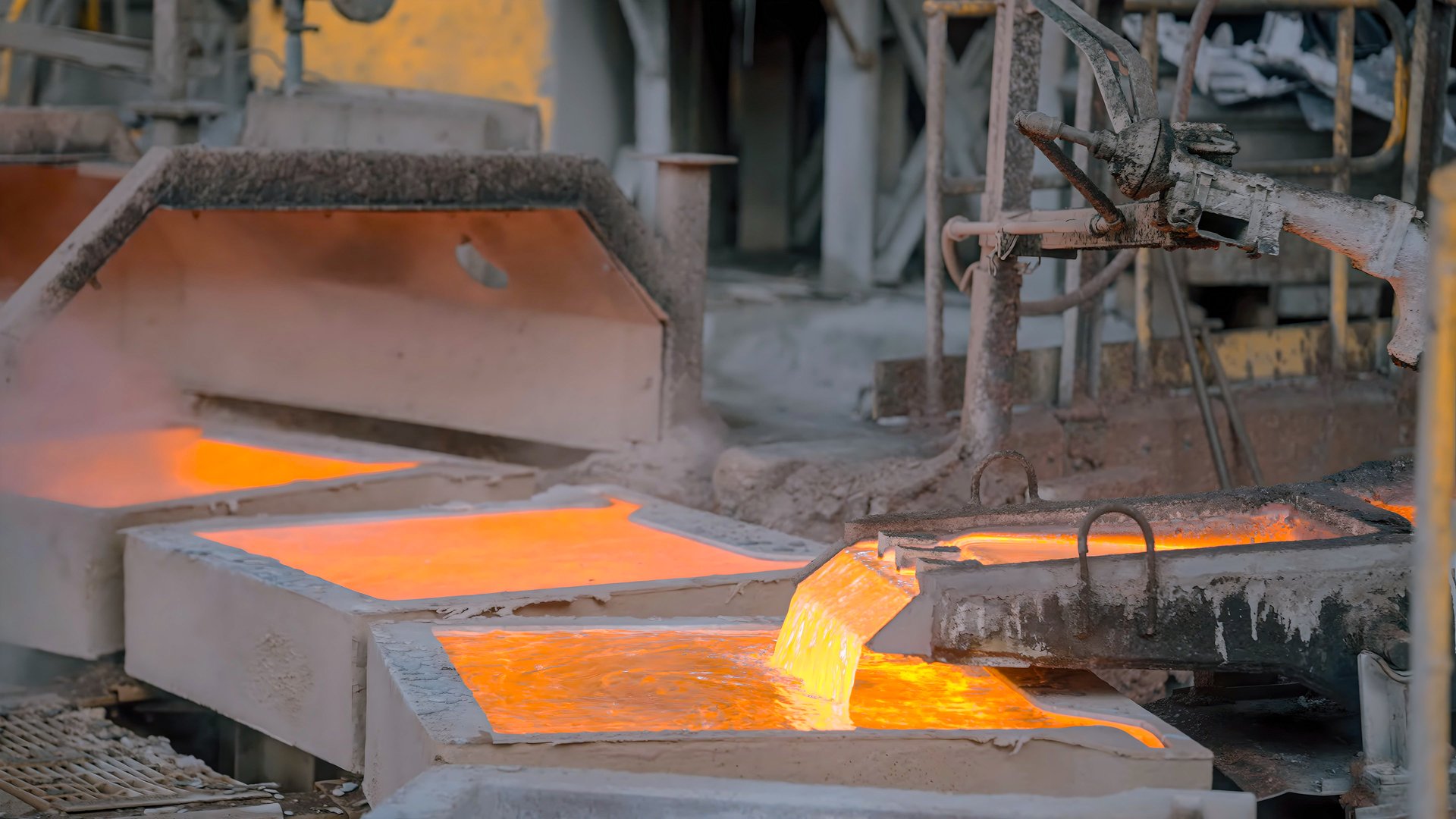 Copper ore processing plant pouring molten ore