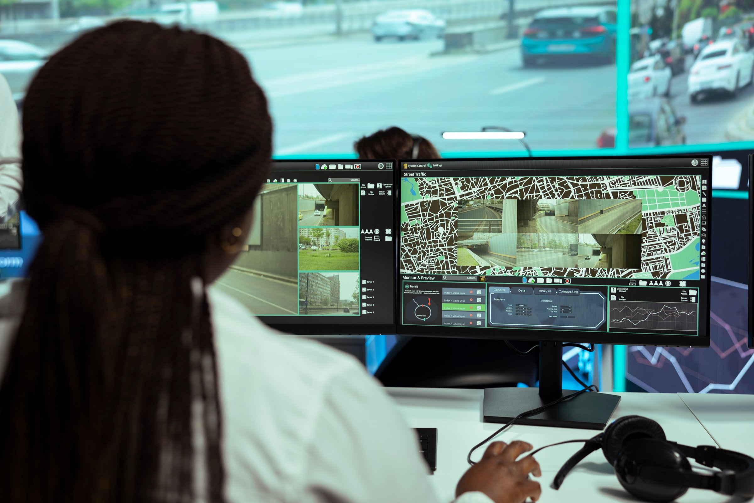 Agency employee following city traffic on her computer by using CTV video footage, ensuring public safety. Woman monitoring surveillance system on satellite radar, control center.