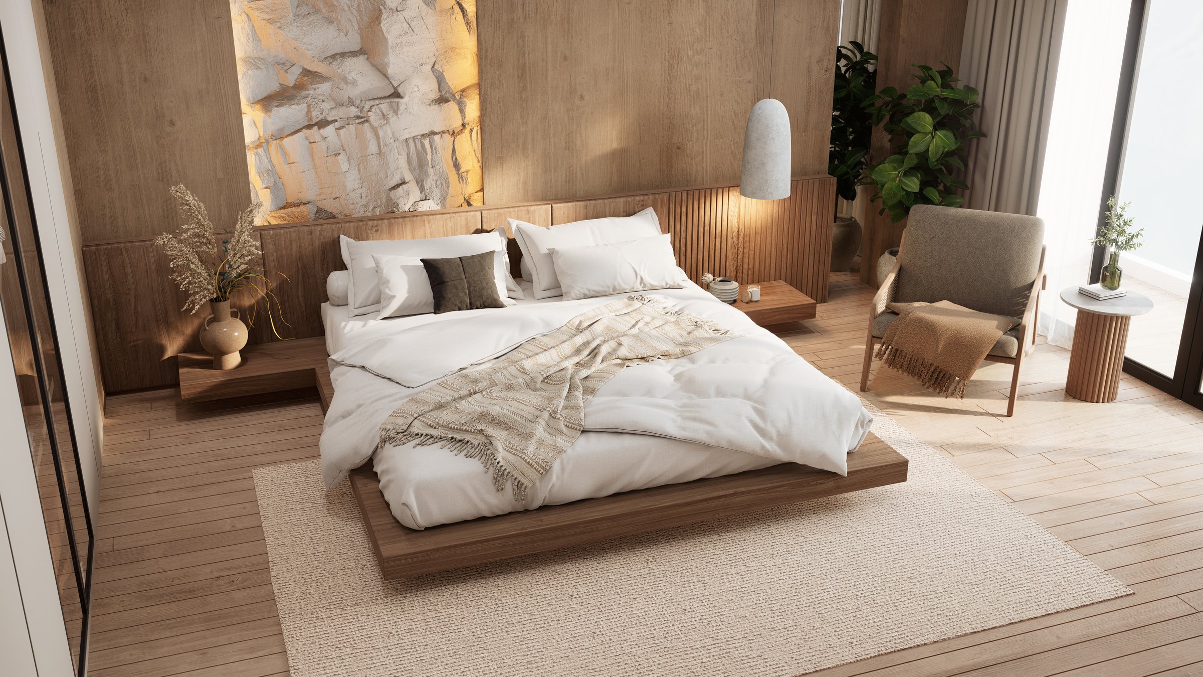 A modern, serene bedroom featuring a large bed, natural materials, soft textures, and warm colors, illuminated by natural light. 3d rendering