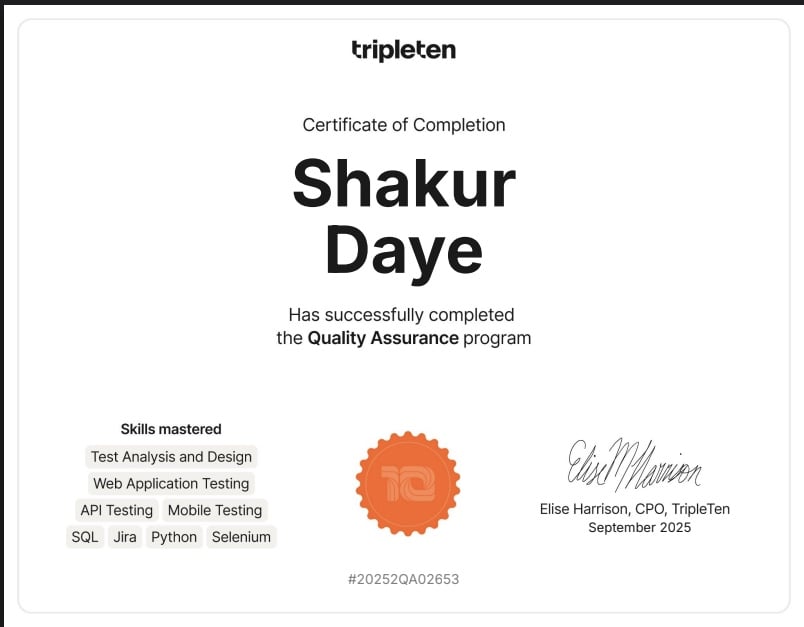 TripleTen Quality Assurance Engineer Certificate