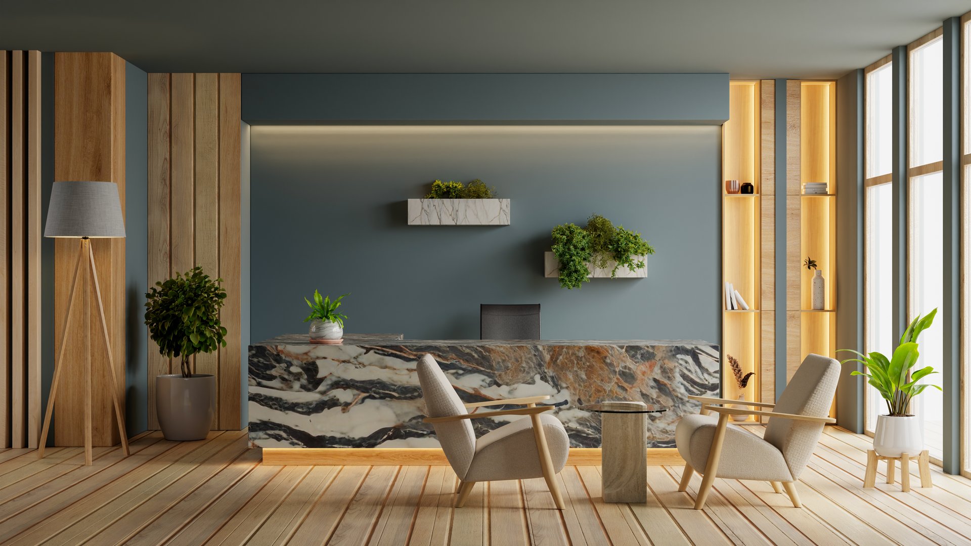 A luxurious and modern reception desk in a stylish office or hotel lobby with comfortable armchairs- 3D rendering