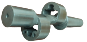 A metal shaft with two circular gears and cylindrical ends, used in mechanical systems or machinery components.