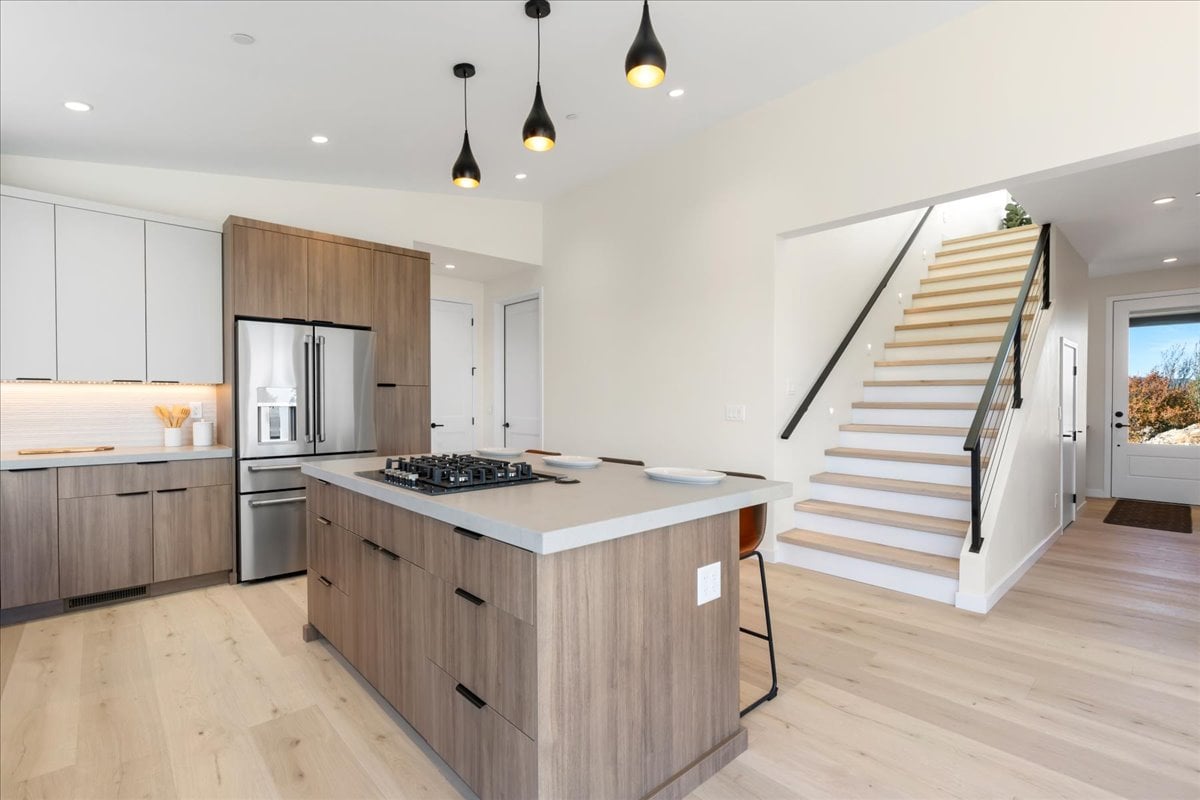 Modern kitchen with wooden cabinets and island