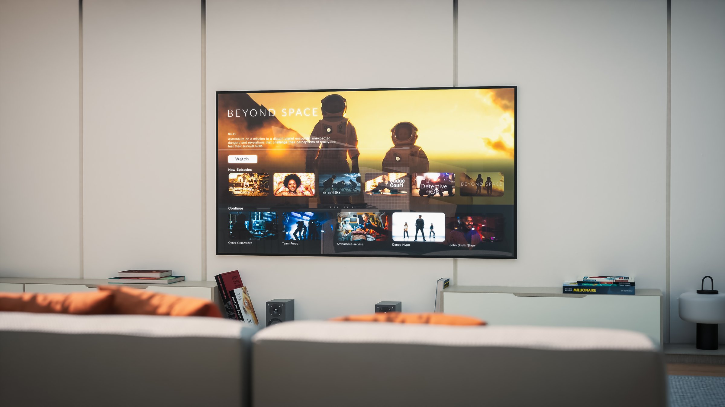 Modern Living Room With TV Displaying a Streaming Service Interface Featuring Sci-fi Shows and Movies. Cozy Seating and Minimalist Decor Enhance the Digital Experience