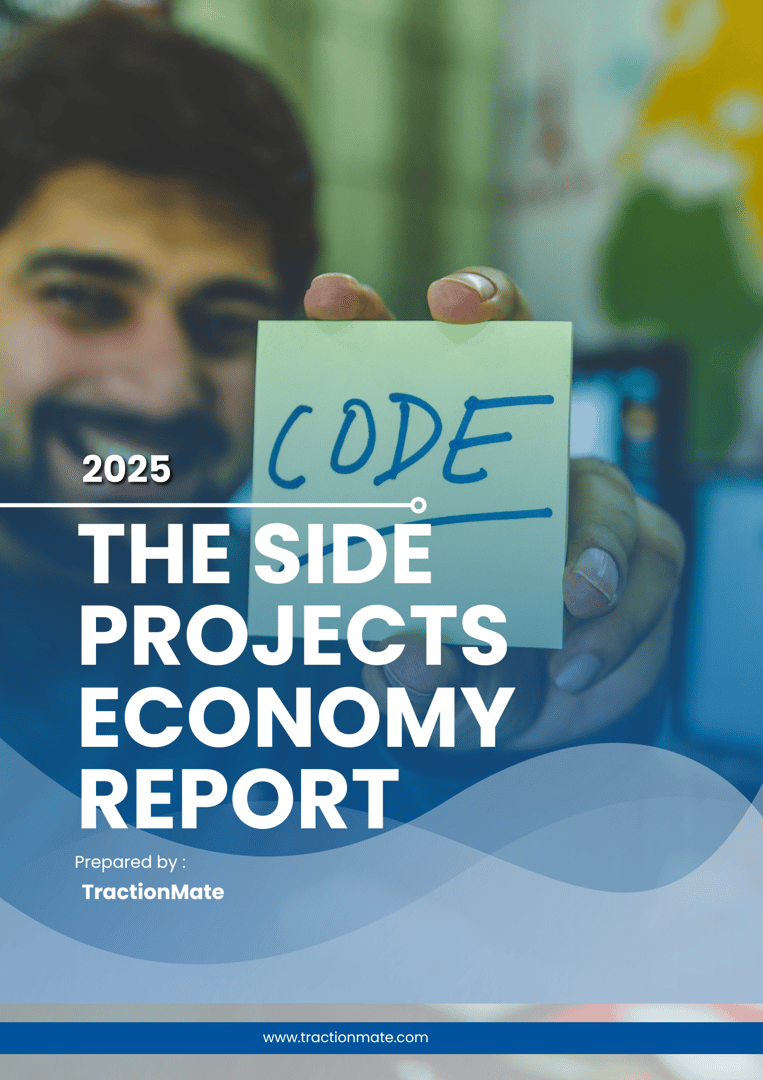 Cover of The Side Projects Economy Report 2025 showing a person holding a sticky note with CODE written on it.