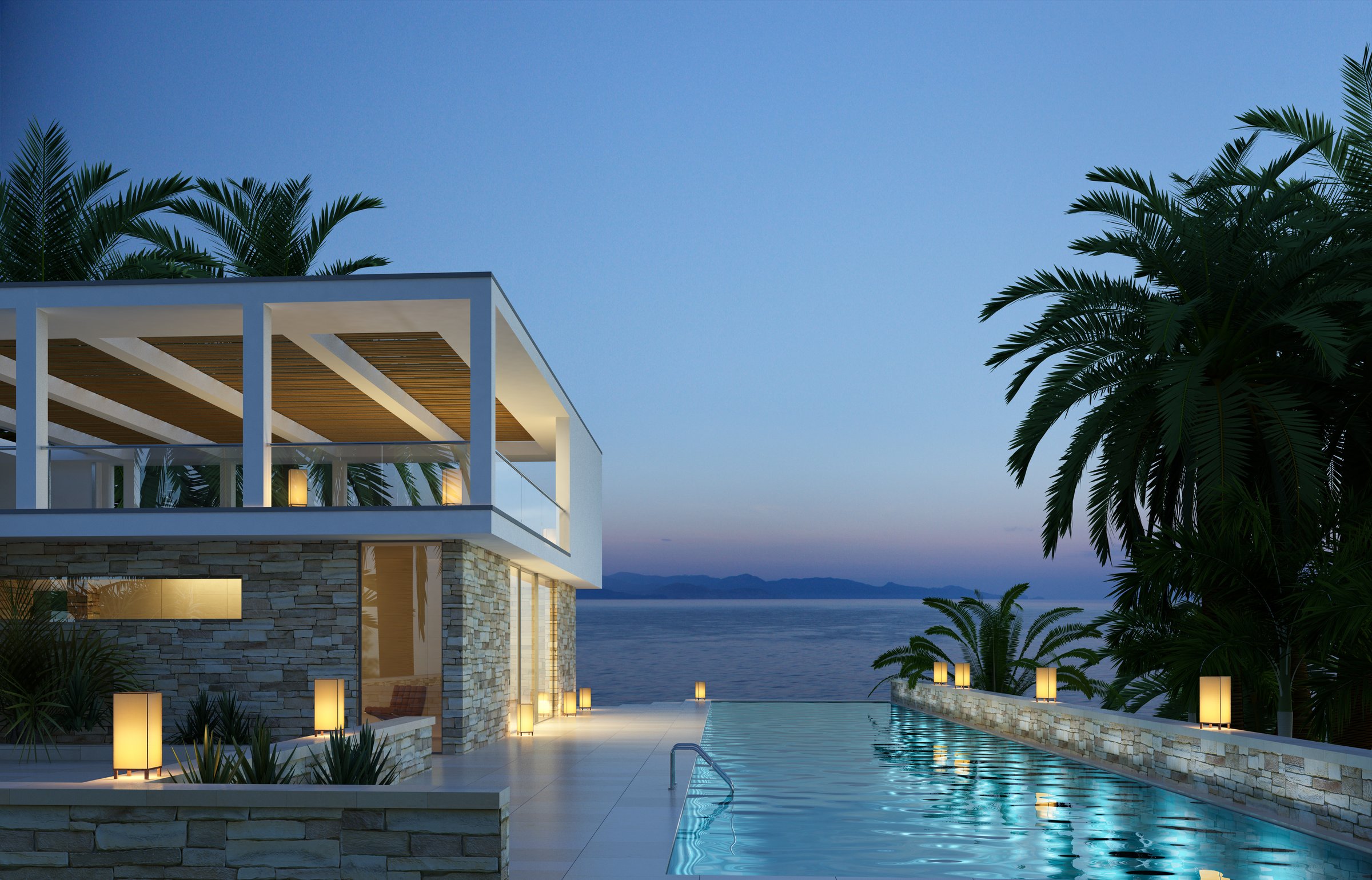 3d rendering of a modern mediterranean villa with pool
