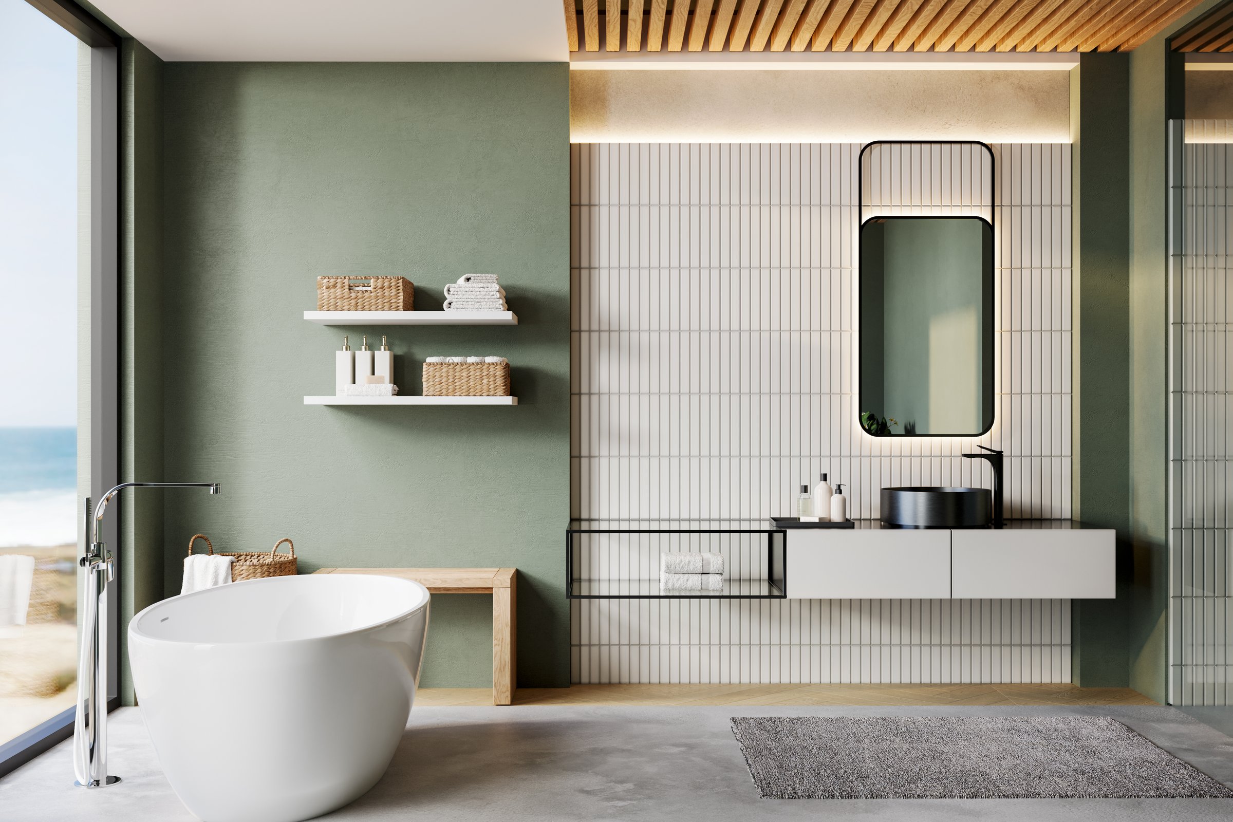 Modern minimalist bathroom interior with freestanding bathtub, vanity unit, mirror, shelves, and natural sunlight. Japandi-inspired cozy design with green accent wall, wooden ceiling, and elegant accessories. 3D render
