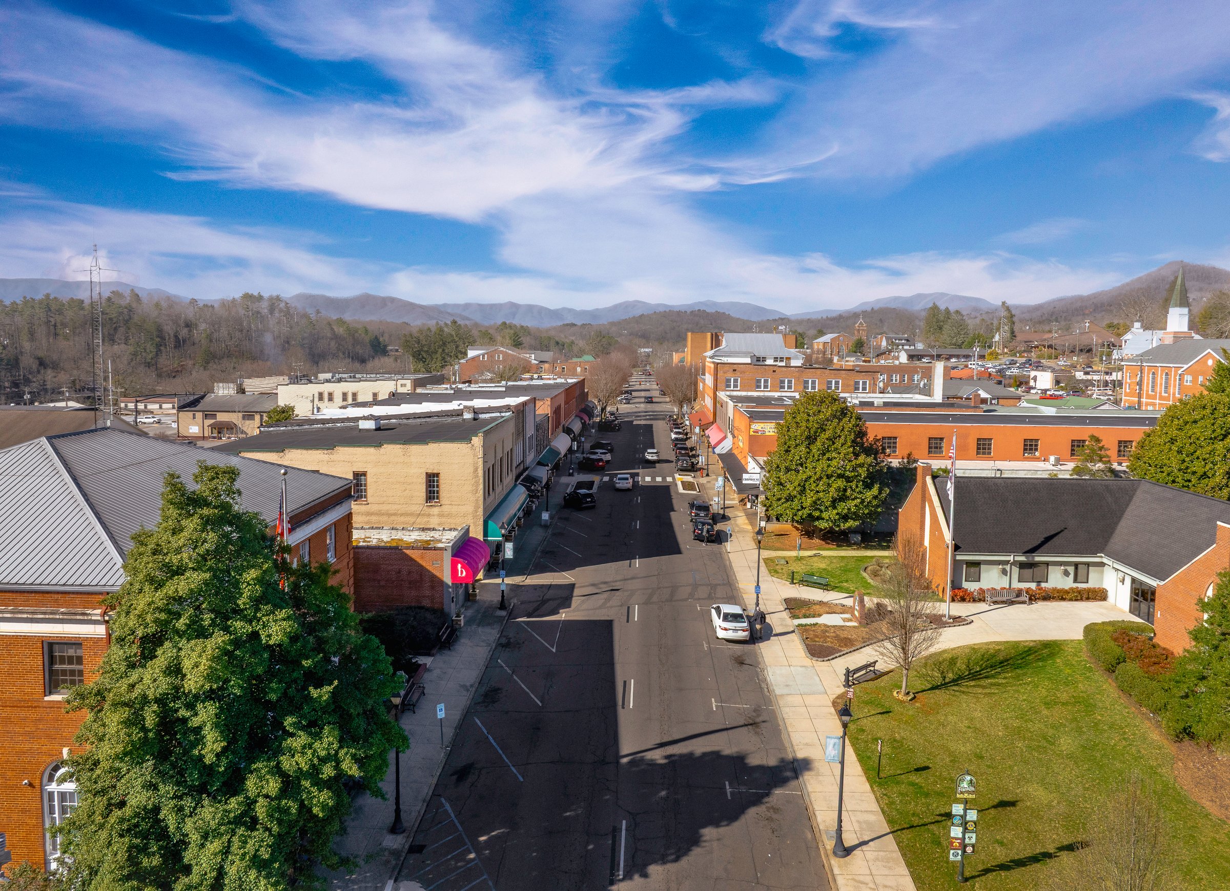 An aerial view of Main Street in Franklin, NC on a sunny morning.