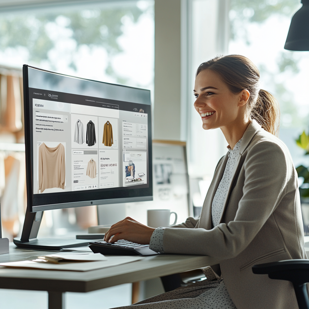 Woman browsing an online clothing store on a desktop computer in a bright office setting.