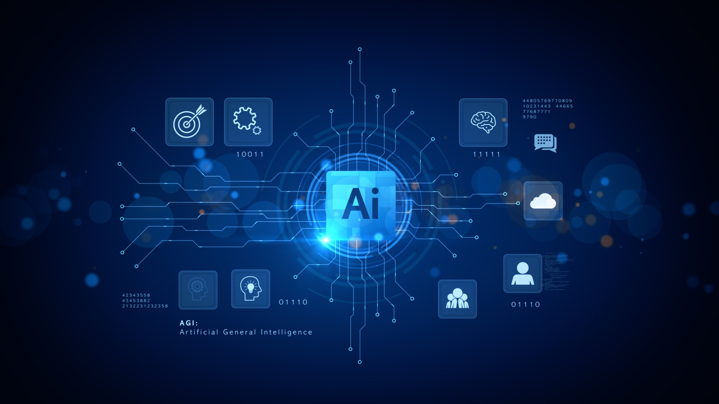 Artificial General Intelligence (AGI) Technology Interface with AI Symbol and Data Network Connection on Blue Futuristic Background. 3d Rendering