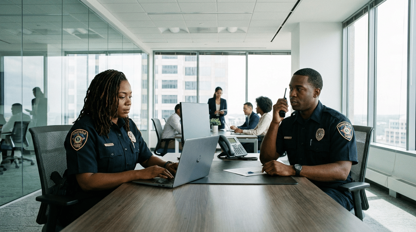 Security officers at desk monitoring
