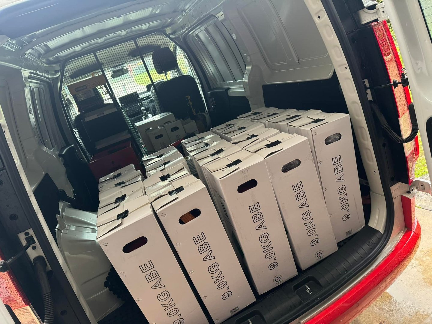 Portable fire extinguishers prepared for deployment to active construction and infrastructure work areas.