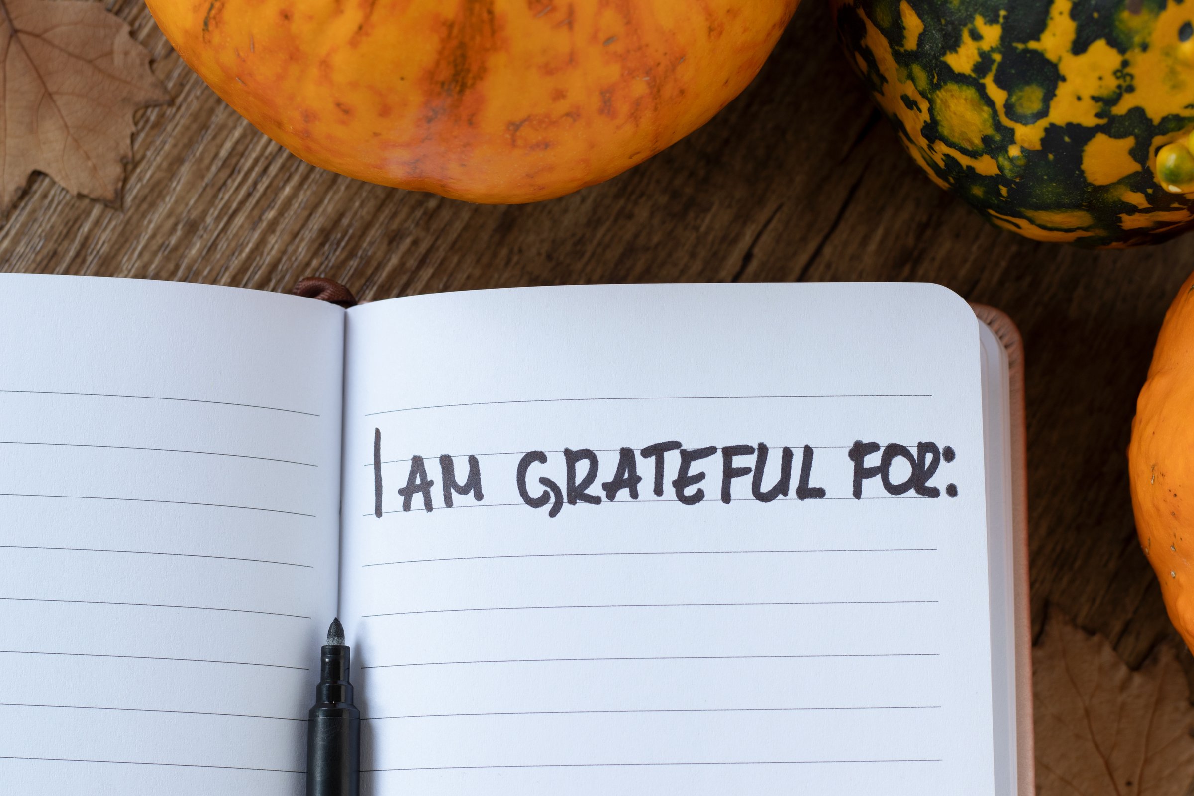 I am grateful for, handwriting in notebook with pumpkin and autumn leaves on wooden table. Top view. Thanksgiving and gratitude concept.