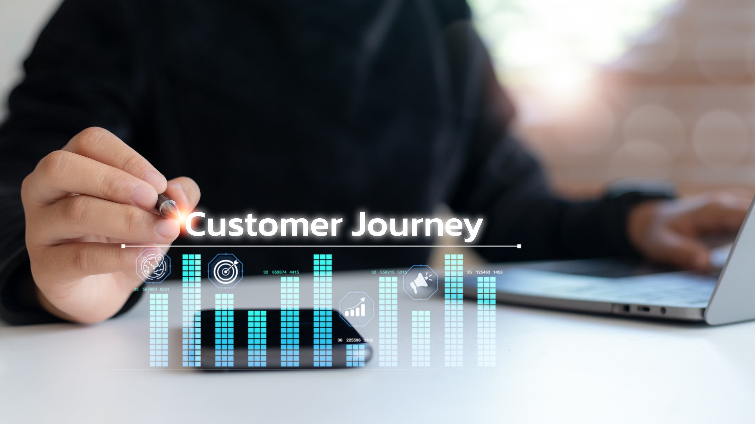 Business hand holding stylus interacting with customer journey dashboard, showing digital user behavior, analytics data, marketing funnel stages, and customer experience tracking.