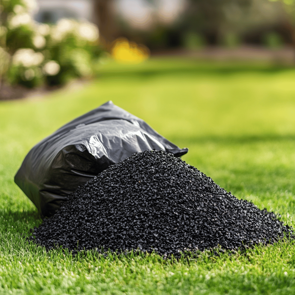 A pile of black mulch next to an open bag on green grass in a garden setting.