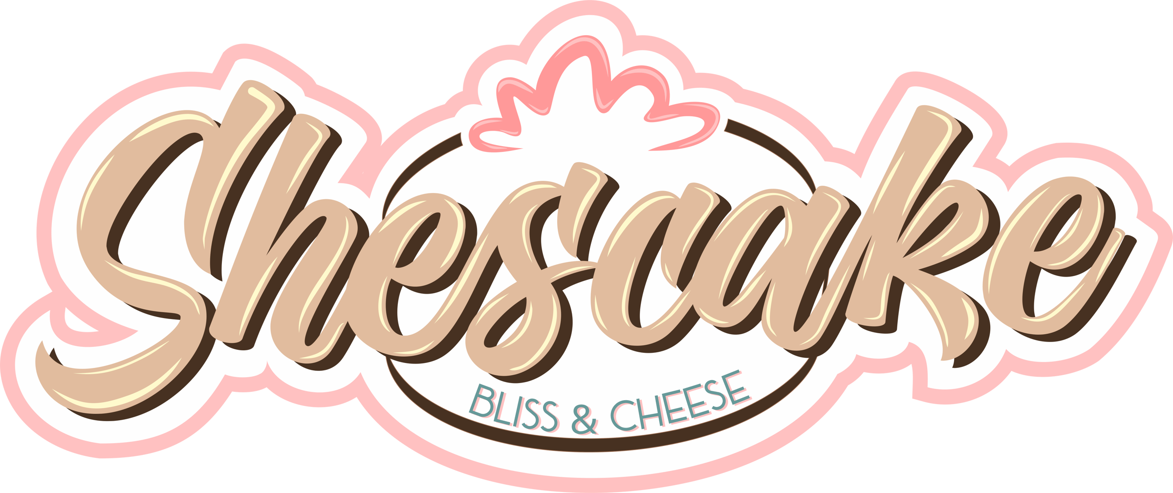 Logo for "Shescake Bliss & Cheese" with stylized cursive text and a cheesecake graphic above.