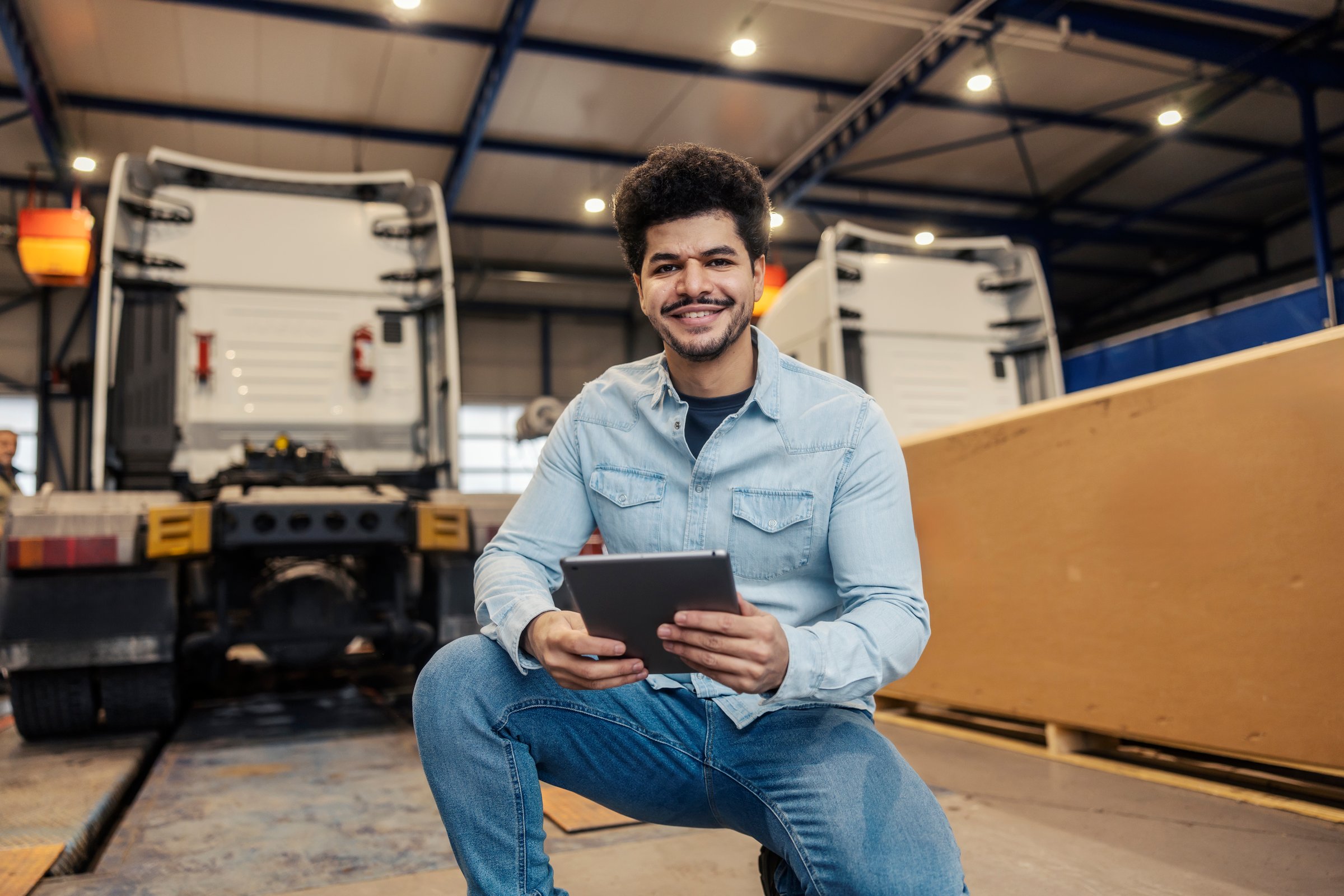 Portrait of smiling diverse logistics company manager crouching with tablet in hands and smiling at camera.