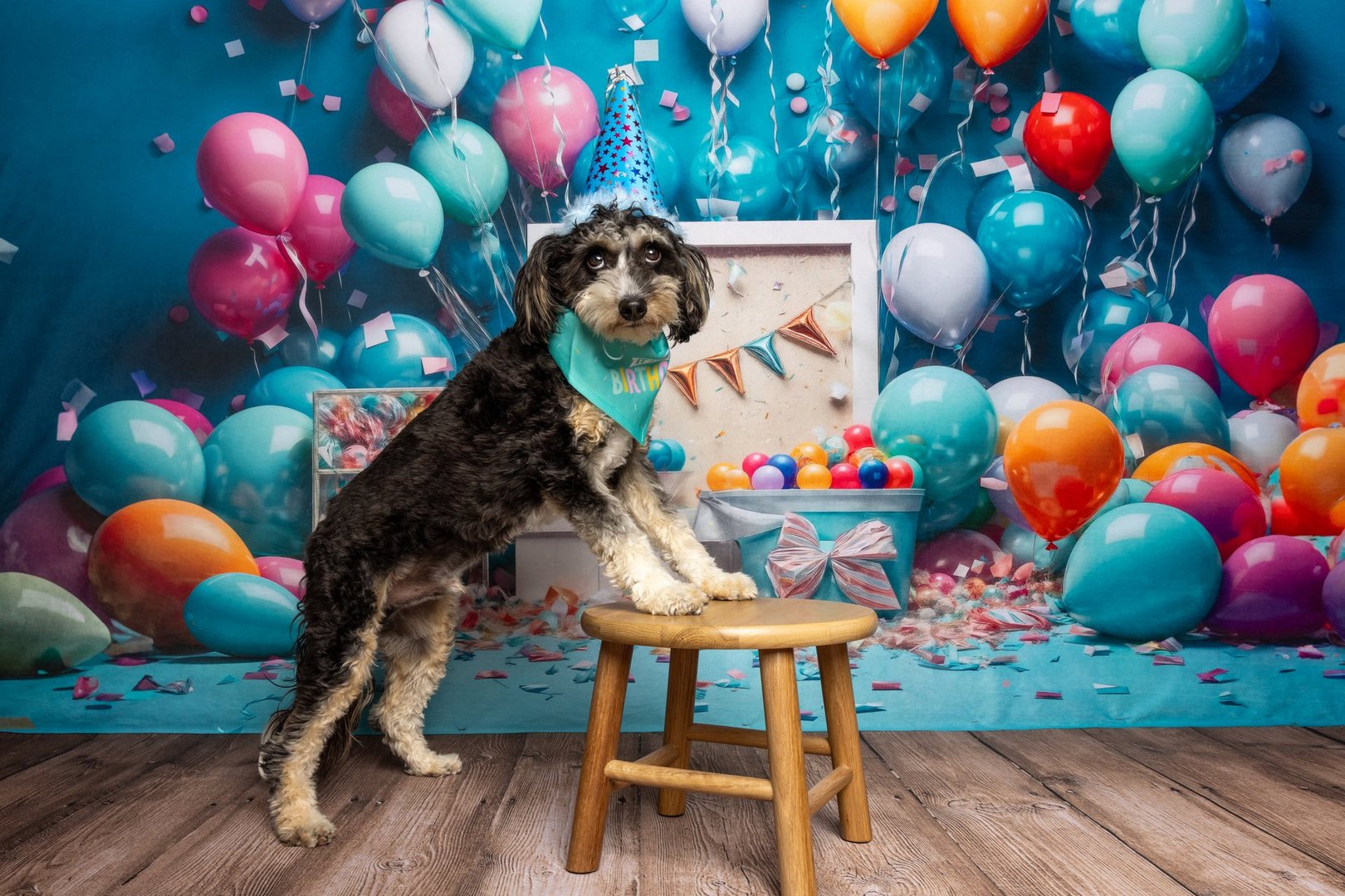 Adorable dog with blue bandana celebrates its birthday surrounded by colorful balloons and confetti, with paws on a stool in front of a cake and festive birthday setup.