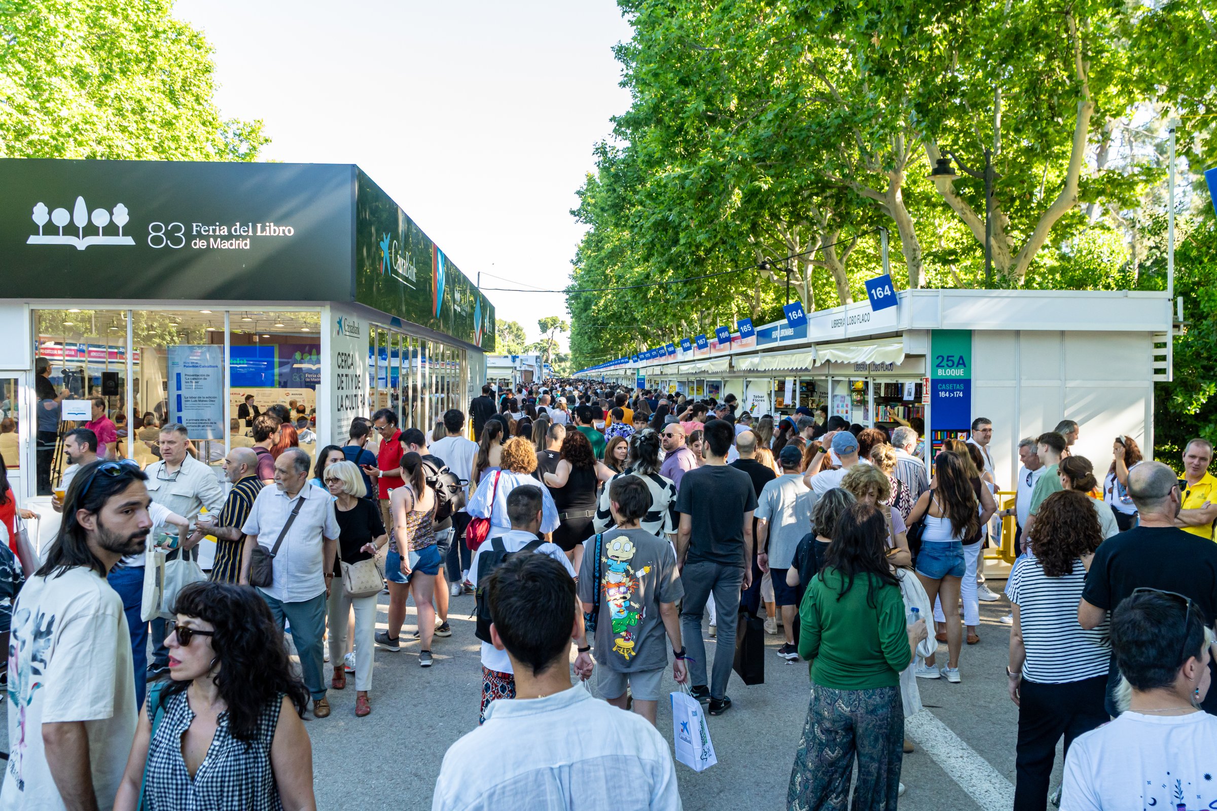 Madrid, Spain. June 16, 2024. Crowds of people at the stands of the madrid book fair located in El Retiro park, on the last day of the 2024 edition.