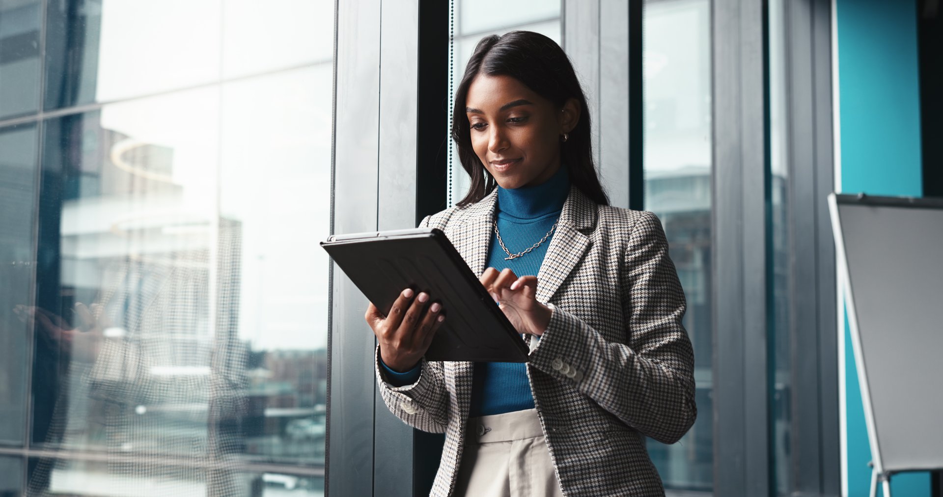 Typing, tablet and planning with business woman in office for workshop coordinator, reading and corporate trainer. Feedback, research and conference organizer with person in agency for schedule