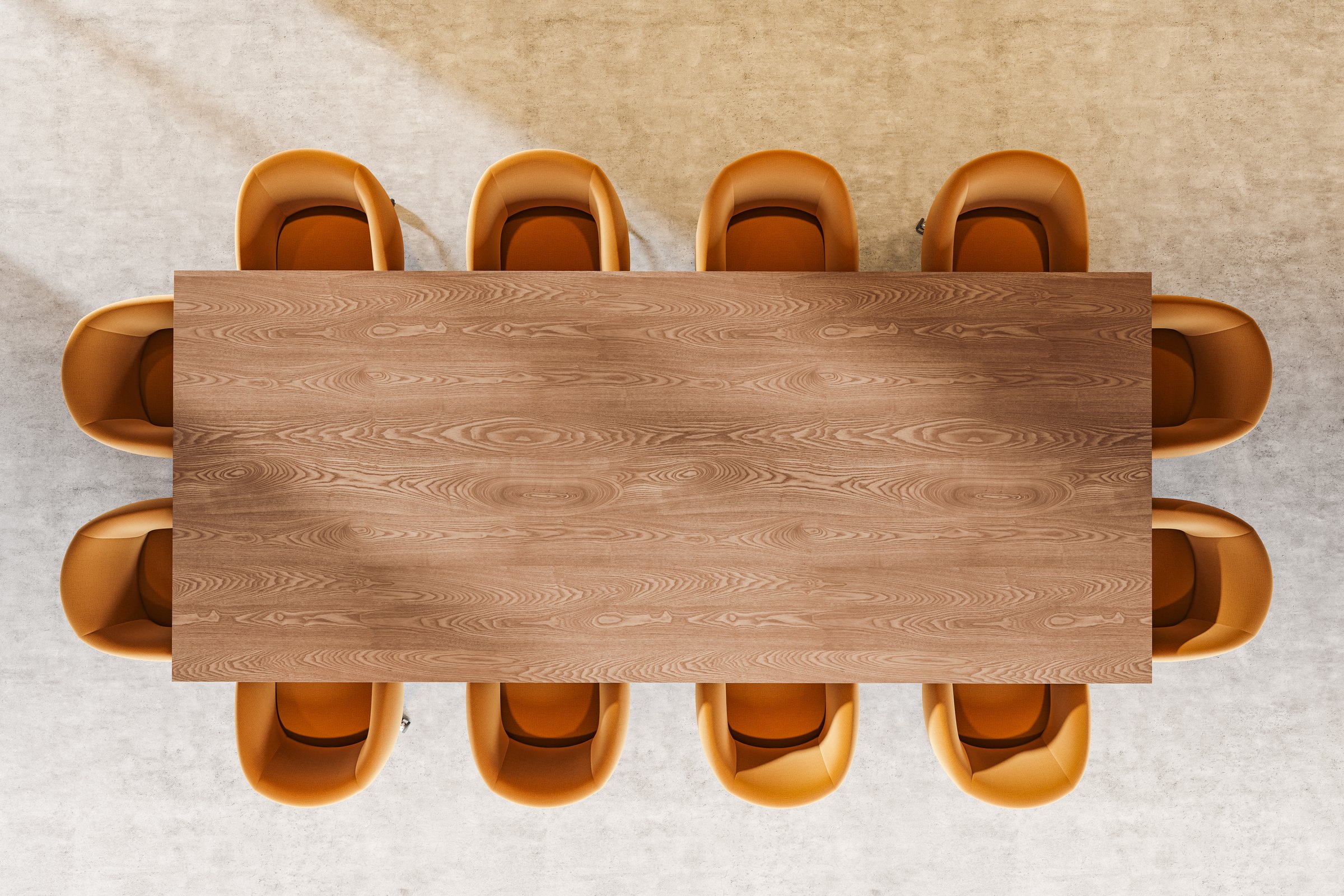 Top view of business room interior with brown armchairs in row, wooden meeting board on concrete floor. Minimalist conference space with office furniture. 3D rendering