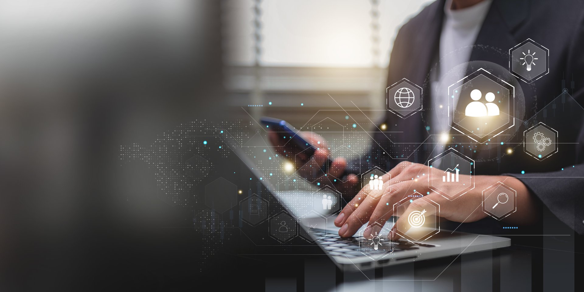 CRM Customer Relationship Management, Community Marketing, Business development concept, Businessman using laptop on virtual screen with Analysis customer service and support team for quality business