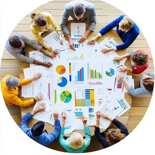 From above view of leadership team sitting and conference table at boardroom and having meeting.