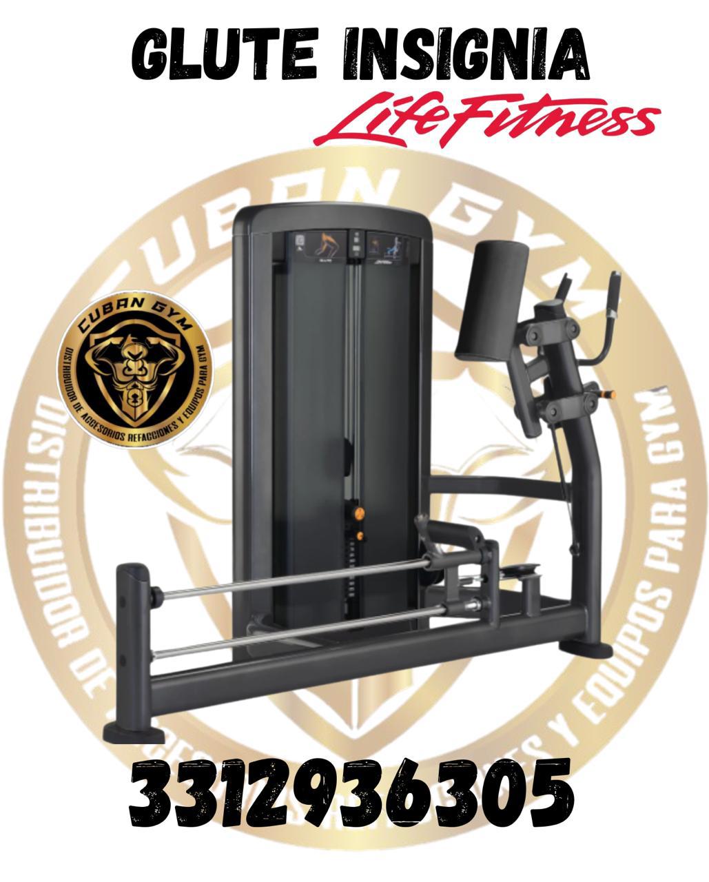 Life Fitness glute machine with Cuban Gym logo and contact number 3312936305, overlaid with text Glute Insignia.