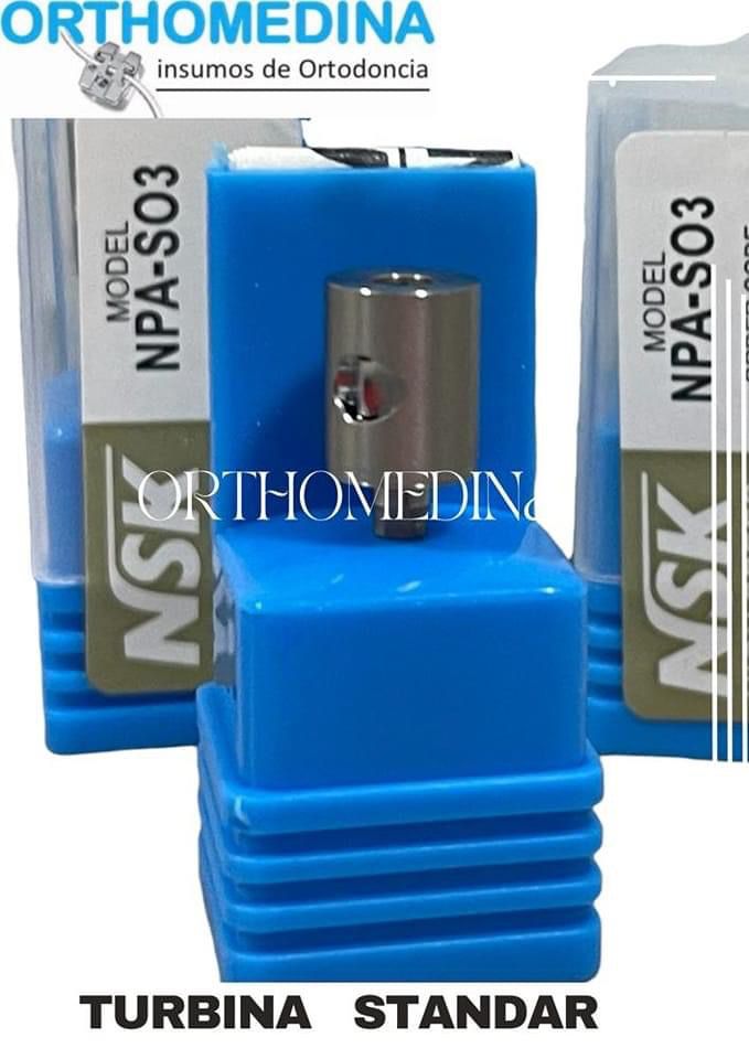 Dental turbine components labeled NSK NPA-S03, with blue and silver packaging, Orthomedina branding visible.