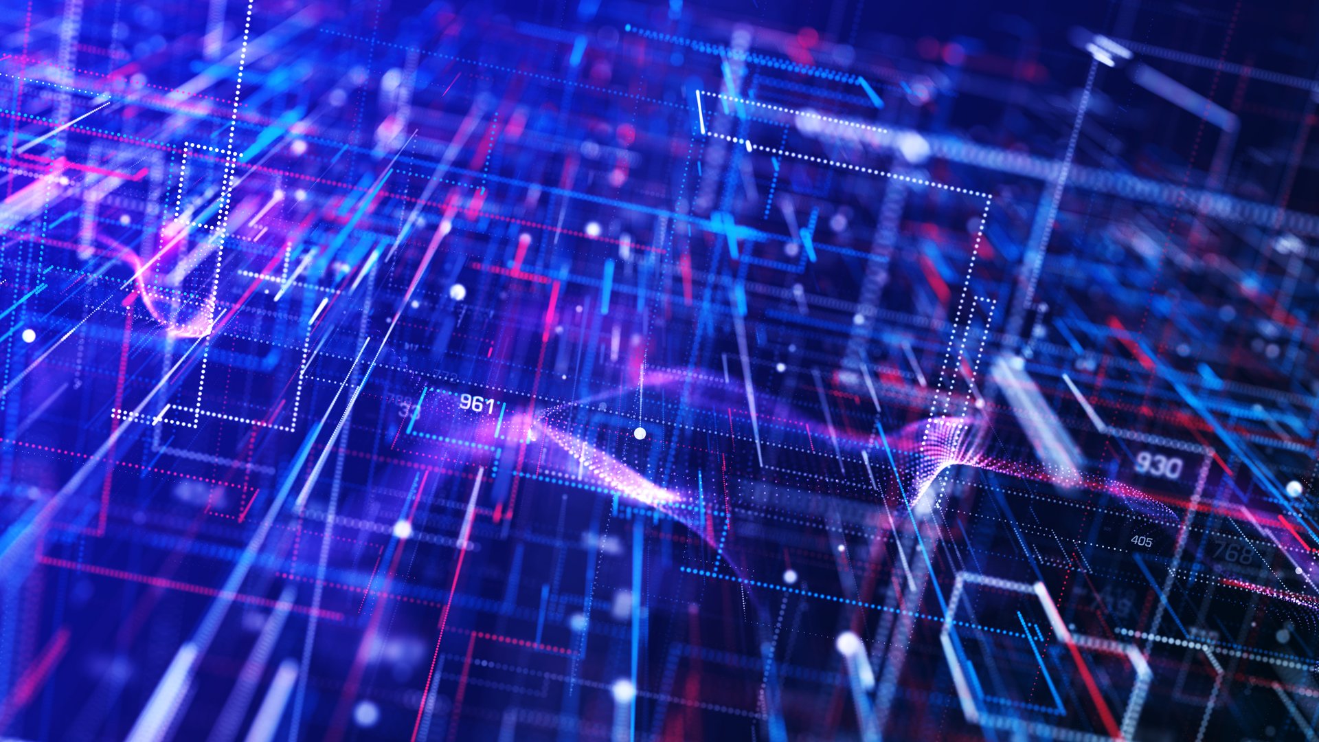 Abstract digital flow particles. Cyber network connection background. Big data visualization. Technology backdrop. 3d rendering.4K photo